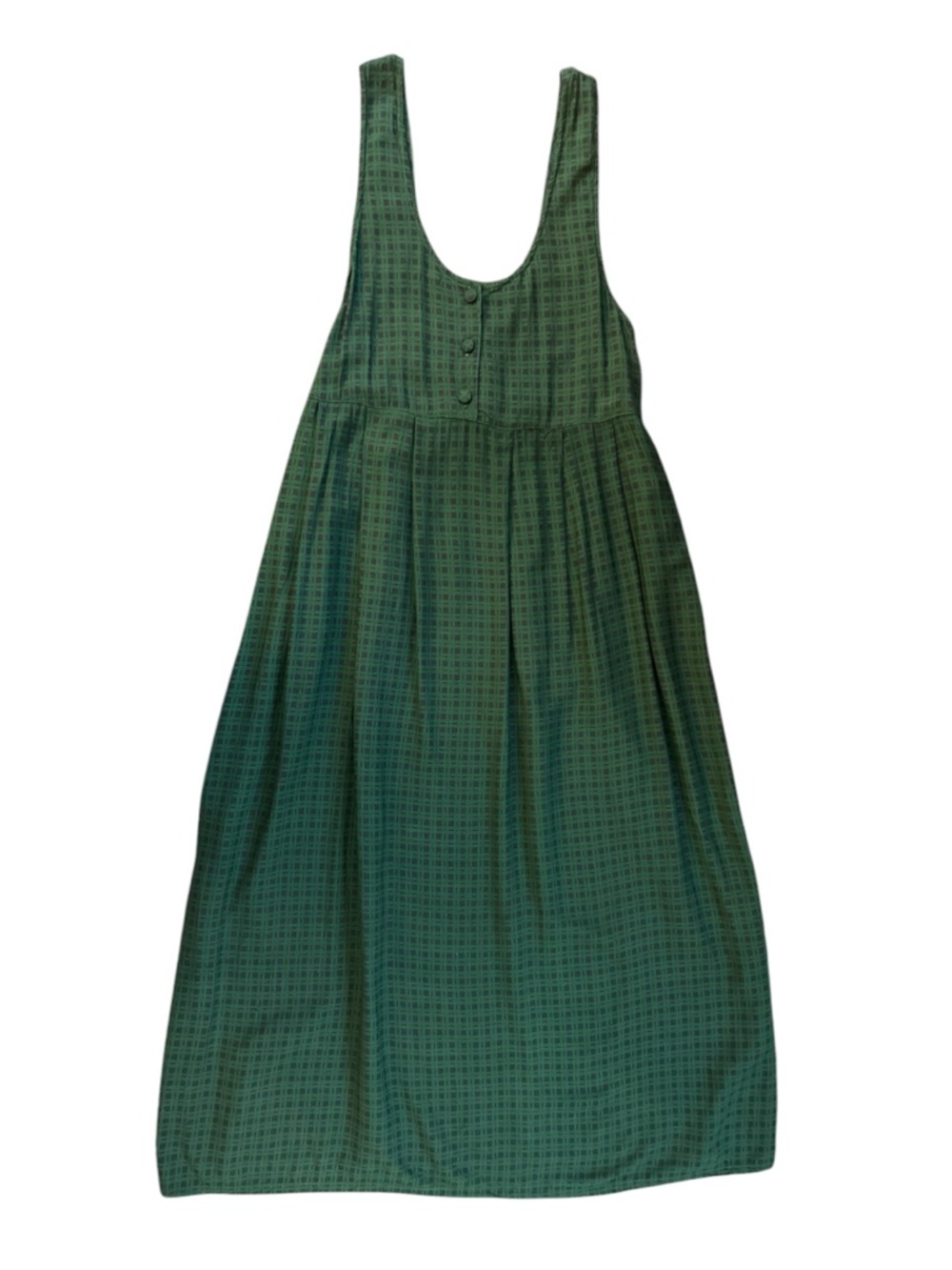 VTG 90s Take Nine Maternity Green Plaid Maxi Jumper Dress Rayon Tie Back L Flowy